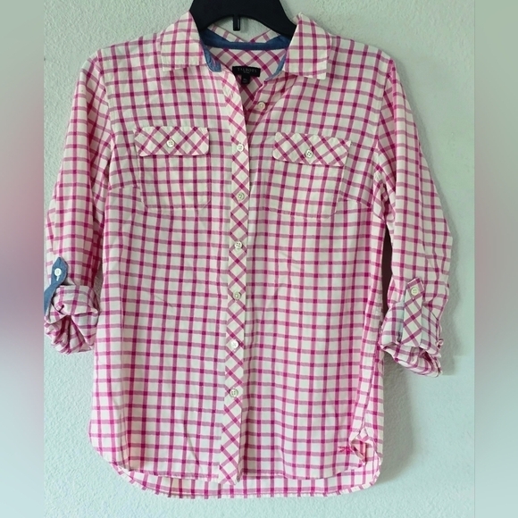 Talbots Shiry Womens Sz PM Pink White Plaid Button Up Minimalist Roll Tab Sleeve - Picture 2 of 10